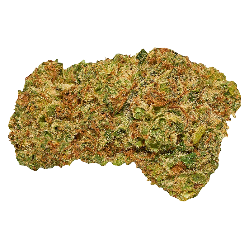 A high-resolution close-up of a dense, green cannabis flower bud with visible orange hairs.