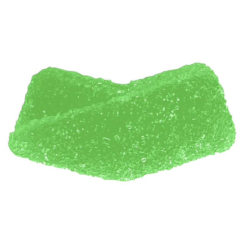 A single, bright green rectangular gummy edible coated in fine sugar crystals.