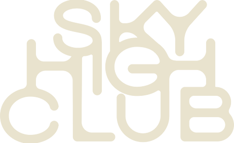 A creative typographic logo where the words 'Sky High Club' are intertwined. The letters feature elongated vertical lines that connect the different levels of text, creating a structural, ladder-like appearance.