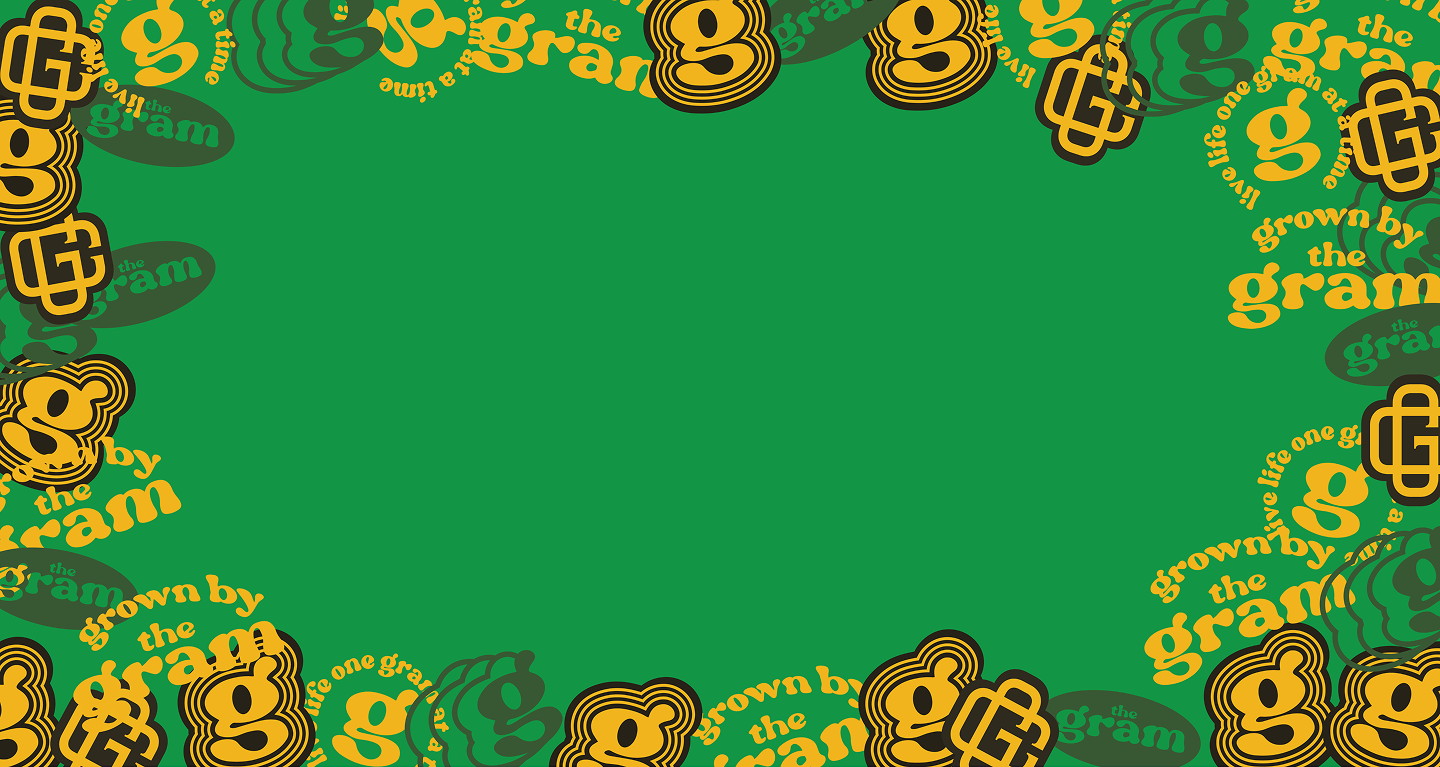 A bright green background featuring a dense, collage-style border of brand assets. The border includes 