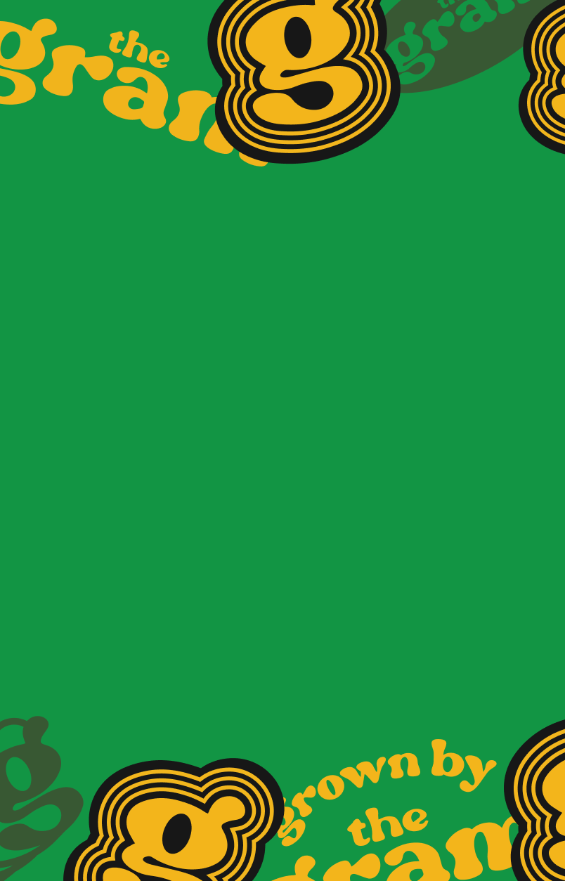 A bright green background featuring a dense, collage-style border of brand assets. The border includes 